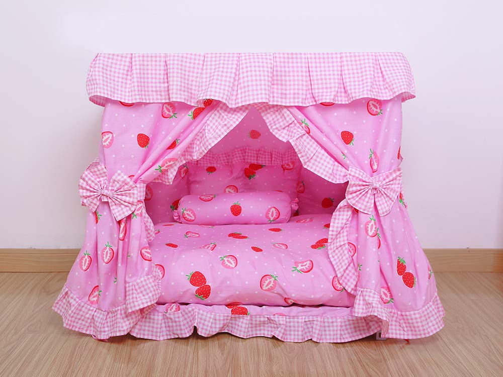 Kolachic Princess Pink Strawberry Pet Dog Cat Handmade Bed House+1 Candy Pillow Canopy (M) Mimarta