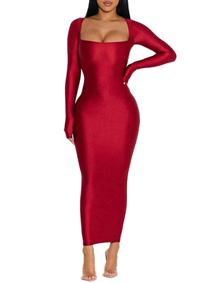 Ophestin Sexy Bodycon Maxi Dress for Women Long Sleeve Square Neck Skims Long Dress Club Date Night Birthday Dresses Red L Mimarta