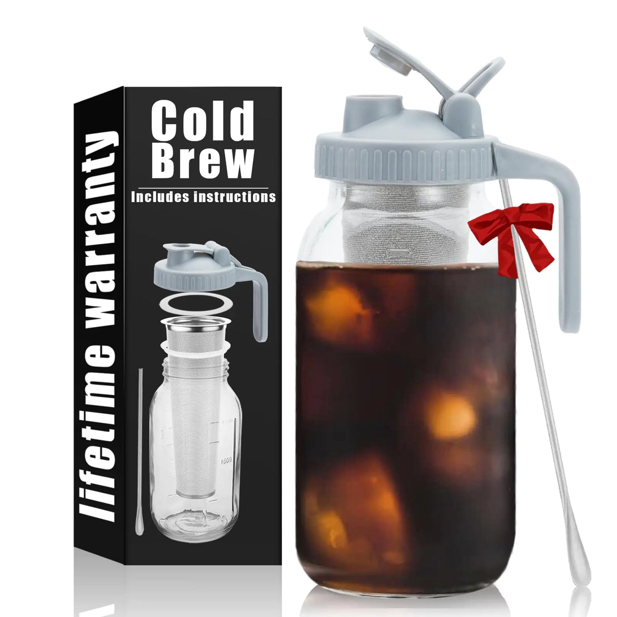 Cold Brew Coffee Maker Pitcher - 64oz Iced Coffee Maker with Stainless Steel Mixing Spoon & Super Dense Filter 3 Steps Finish Classic BPA Free Sturdy Mason jar Pitcher with Gray Lid Easy to Clean Mimarta