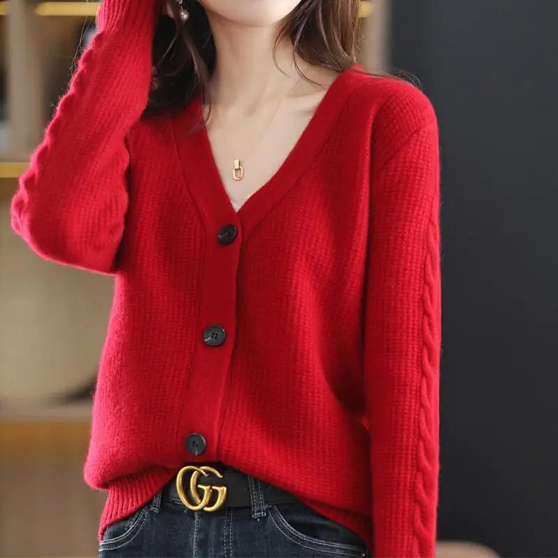 Korean Commute Solid Color V-Neck Cardigan Sweaters for Women Rieworkes