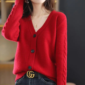 Korean Commute Solid Color V-Neck Cardigan Sweaters for Women Rieworkes