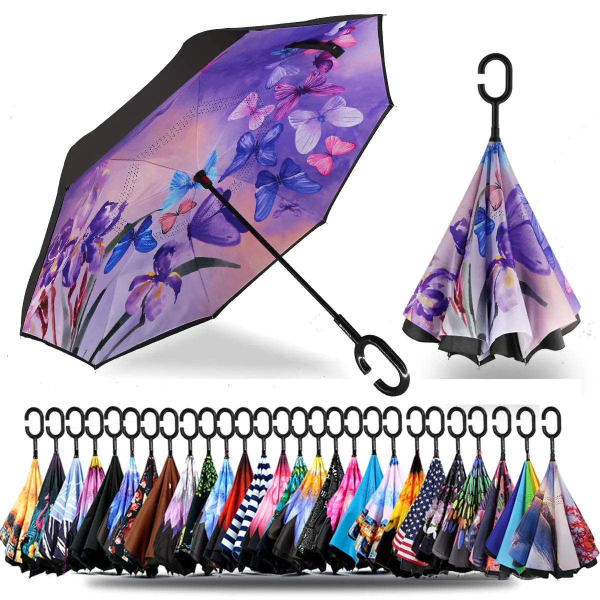 SIEPASA 49/56 Inch Inverted Reverse Upside Down Umbrella, Extra Large Double Canopy Vented Windproof Waterproof Stick Golf Umbrellas with C-shape Handle. Blue Butterfly 49 Inch Rieworkes