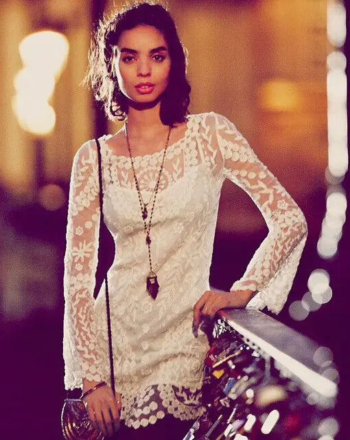 2021 hot sale flower pattern long sleeve loose hook beach dress women's hollow out sexy lace dress elegant sexy lace beach dress Rieworkes
