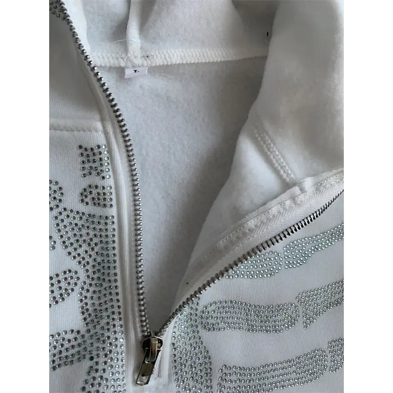 Skeleton Rhinestone Hoodie Full Zip Up Women Cyber Y2K Hooded Sweatshirts Rieworkes