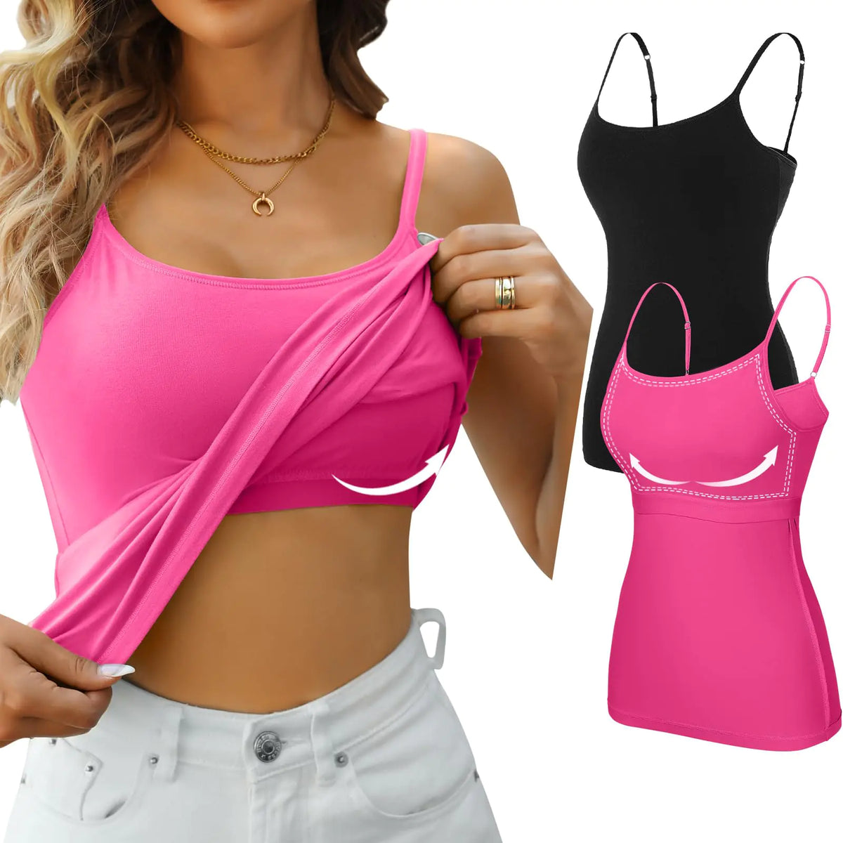 V FOR CITY Cotton Shelf Bra Camisoles Top for Women Adjustable Spaghetti Strap Tank Tops Basic Layer Camis 2 Pack Medium Black/Hot Pink Rieworkes