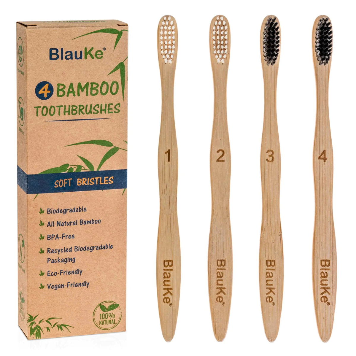 Bamboo Toothbrush Set 4-Pack - Bamboo Toothbrushes with Soft Bristles for Adults - Eco-Friendly, Biodegradable, Natural Wooden Toothbrushes Rieworkes