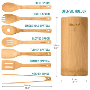 Bamboo Kitchen Utensils Set 8-Pack - Wooden Cooking Utensils for Nonstick Cookware - Wooden Cooking Spoons, Spatulas, Turner, Tongs, Utensil Holder Rieworkes