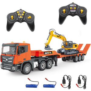 Fistone RC Semi Truck & Excavator Toy Set 2.4Ghz Remote Control Flatbed Truck with Excavator Toys 1:24 RC Semi-Trailer Engineering Tractor with Sound and Lights Construction Vehicles Toy for Boys Mimarta