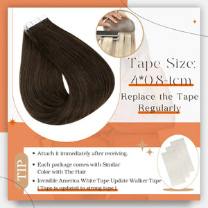 Full Shine Tape in Hair Extensions Remy Human Hair Invisible Skin Weft Color 2 Dark Brown Tape Hair Extensions Brazilian Hair 18 Inch 50 Gram Per Package 20 Pieces Seamless Human Hair Extensions # 2 Brown Rieworkes