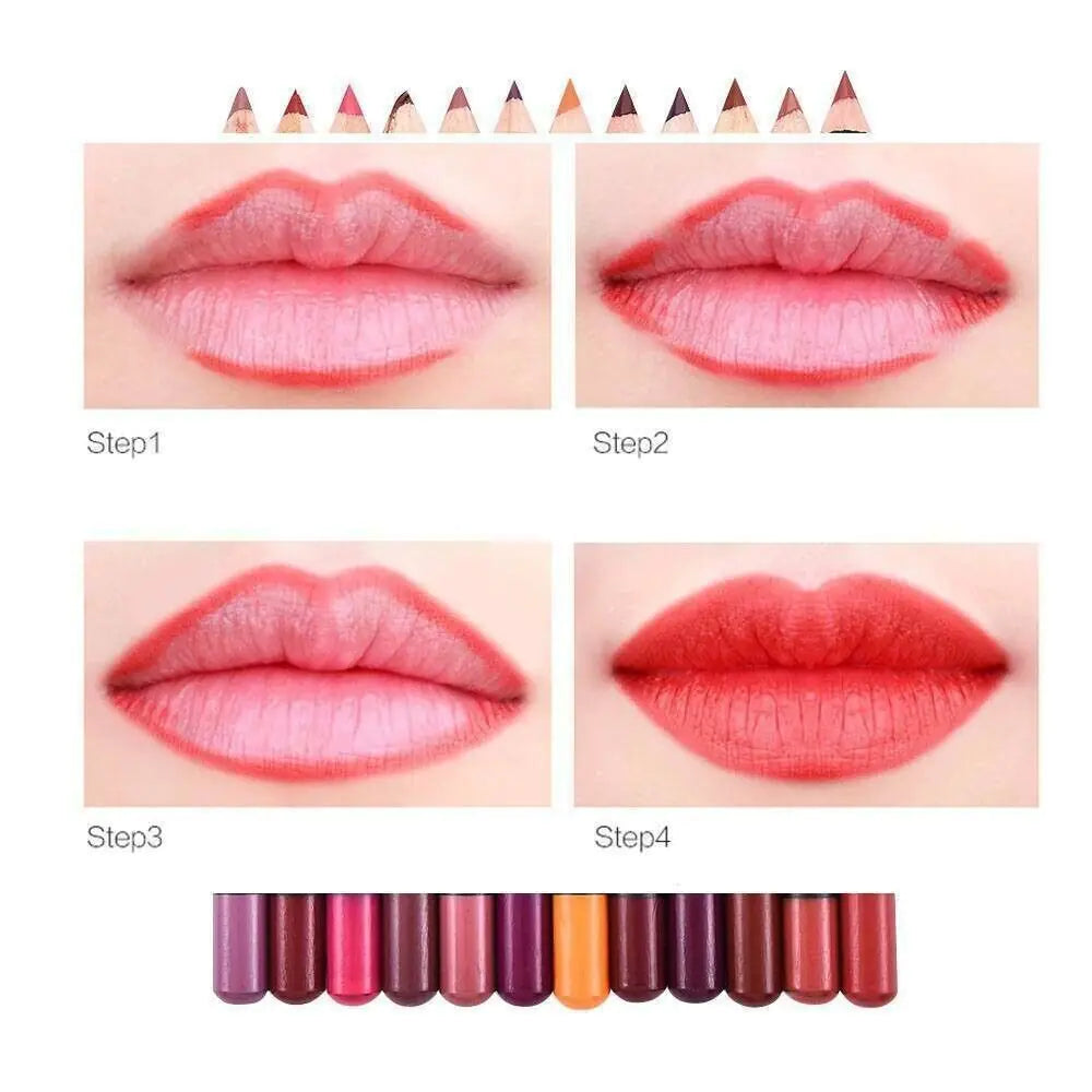 12Pcs Women Waterproof Lipstick Long Lasting Matte Lip Liner Pencil Lip Pen Set Rieworkes