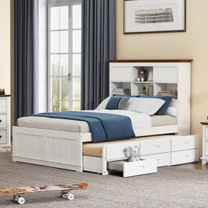 Solid Pine Captain Bookcase Bed With Trundle Bed And 3 Spacious Under Bed Drawers In Casual,Full, White Walnut Rieworkes