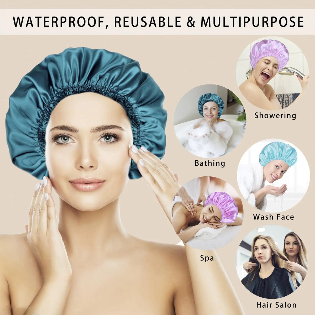 Shower Caps for Women, 4 PCS Elastic and Reusable Bath Caps, Double Waterproof Layers Shower Cap, Bathing Shower Caps, Environmental Protection Hair Bath Hat - Solid Color Solid Color 4 PCS/Set Rieworkes