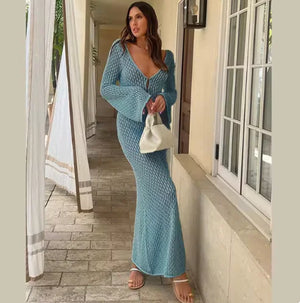 Elegant Sheer V-Neck Knitted Beach Dress – Long Sleeve Cover-Up for Summer & Fall Rieworkes