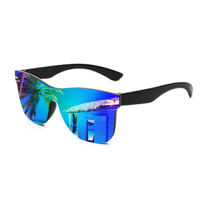 FEISEDY Sunglasses, Rimless Mirrored Sun Glasses with Reflective One-Piece Lens, B4114 Green Blue Mirror 62 Millimeters Rieworkes