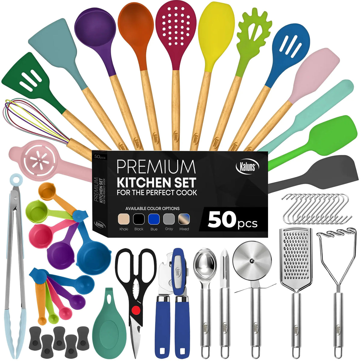 Kaluns 50 PCS Silicone Kitchen Utensils Set - Christmas Gifts For Mom Women Complete Kitchen Set - 800°F Heat Resistant Non-Stick Premium Silicone Cooking Utensils W Wooden Handles Gifts For Mothers Rieworkes