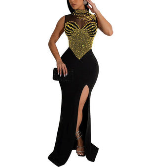 PORRCEY Womens Sexy Elegant Rhinestone Mesh See Through Bodycon Party Club Night Split Maxi Dress(6913GoldXL) Mimarta