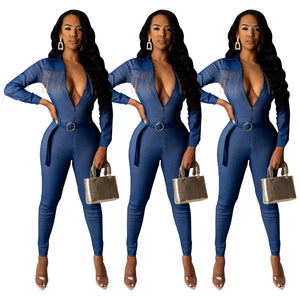 Fashionable Denim Fringed Jumpsuit with Belt Mimarta