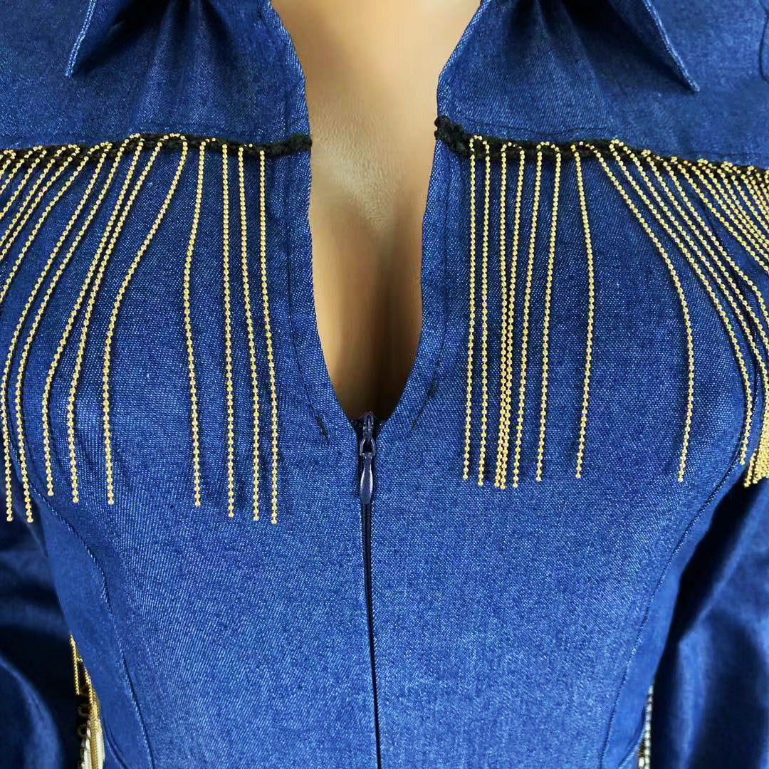 Fashionable Denim Fringed Jumpsuit with Belt Mimarta