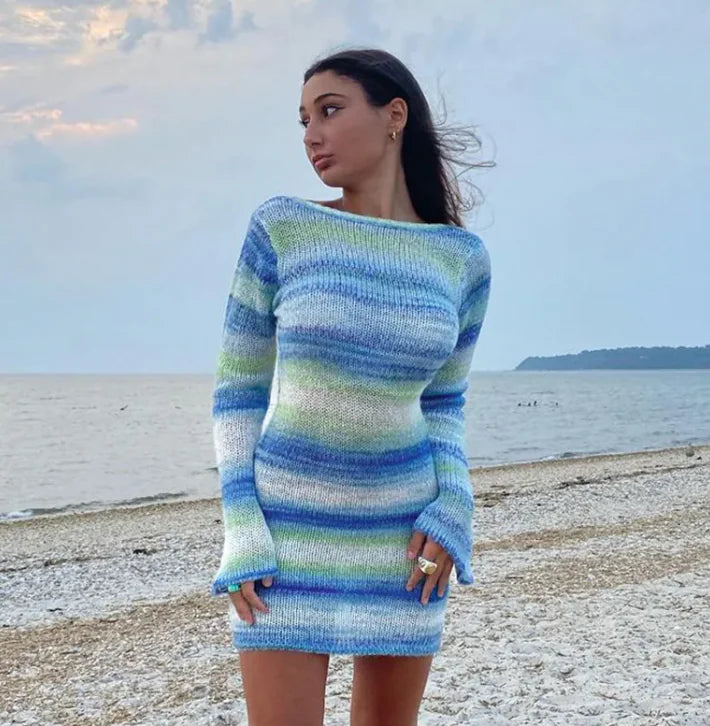 Striped Flare Sleeve Sweater Dress Rieworkes