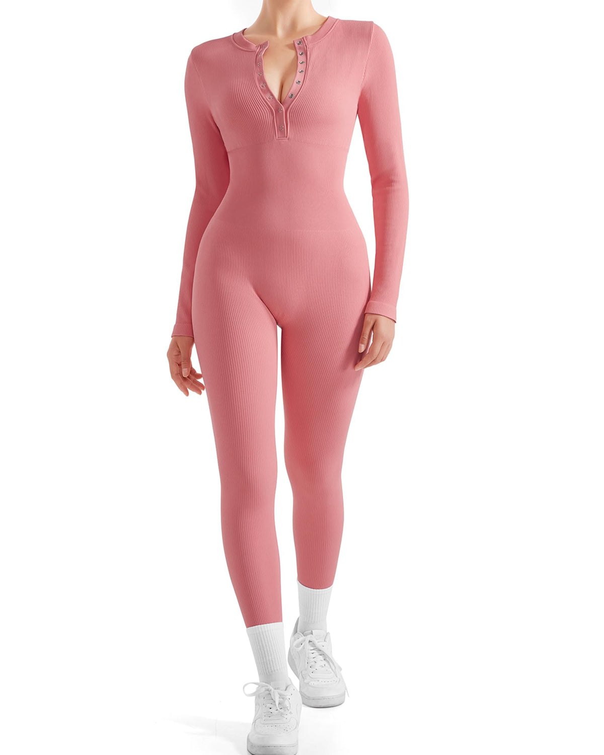 SUUKSESS Women Long Sleeve Ribbed Workout Jumpsuit Seamless One Piece V Neck Button Down Yoga Jumpsuits (PinkL) Mimarta