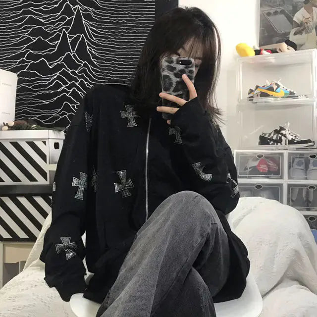 Skeleton Rhinestone Hoodie Full Zip Up Women Cyber Y2K Hooded Sweatshirts Rieworkes