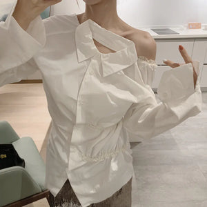White Ruffled Lace Backless Shirt Mimarta