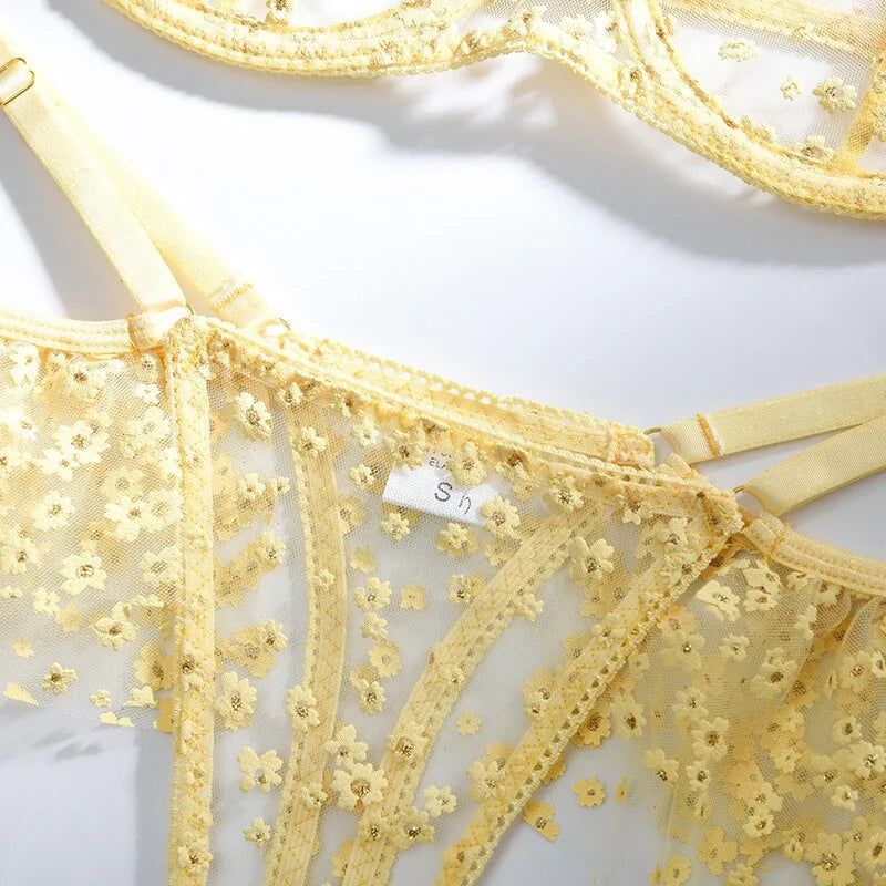 Yellow Floral Mesh Patchwork Underwear Set Rieworkes