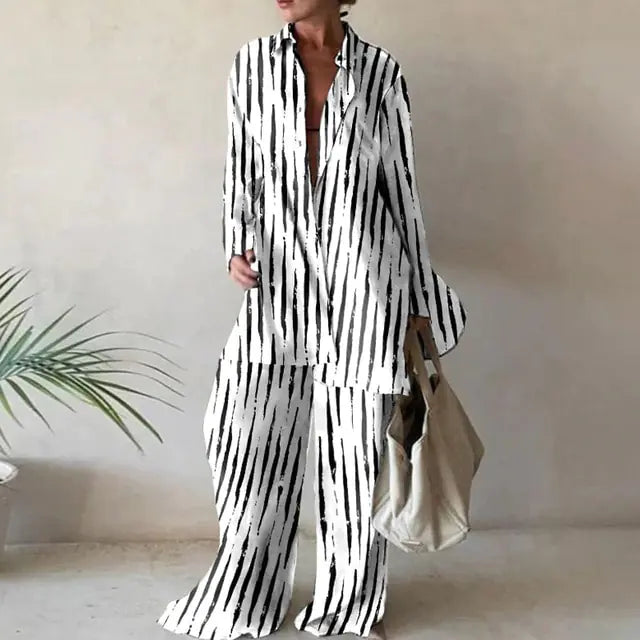 Loose Stripe Pants Set Elegant Long Sleeve Top Rieworkes