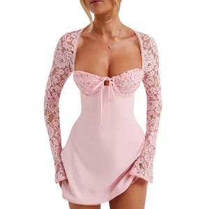Women's Elegant Luxury Pink Lace Party Dress Rieworkes