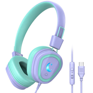 Kids Headphones for School Upgrade USB Type C Kids Headphone with Microphone Wired Boys Girls Headphones with Safe Limiter 85dB/95dB Foldable On Ear Headphones for School/iPad/Tablets/Travel Rieworkes