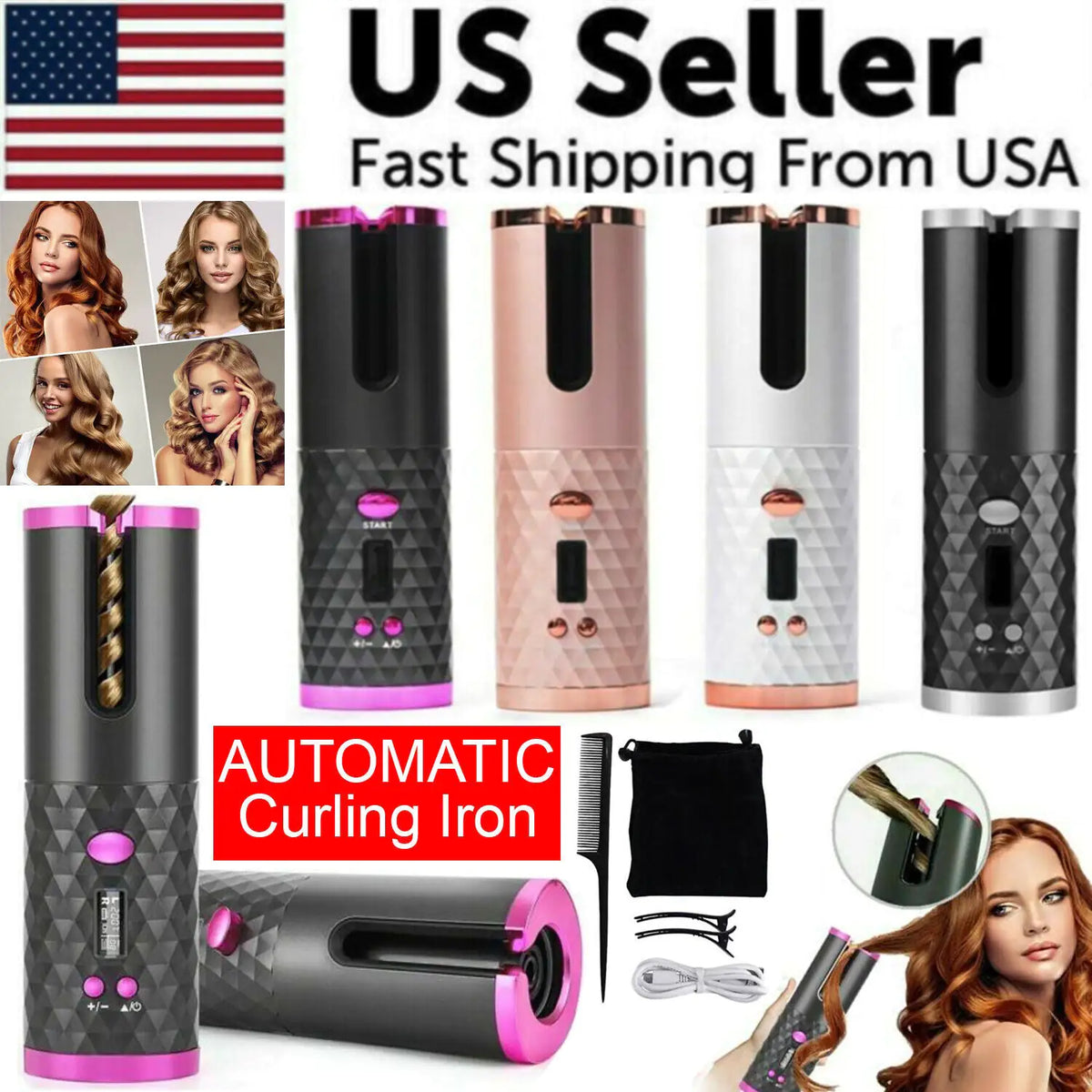Hair Curler LCD Cordless Auto Rotating Waver Curling Iron Ceramic Wireless USA Rieworkes