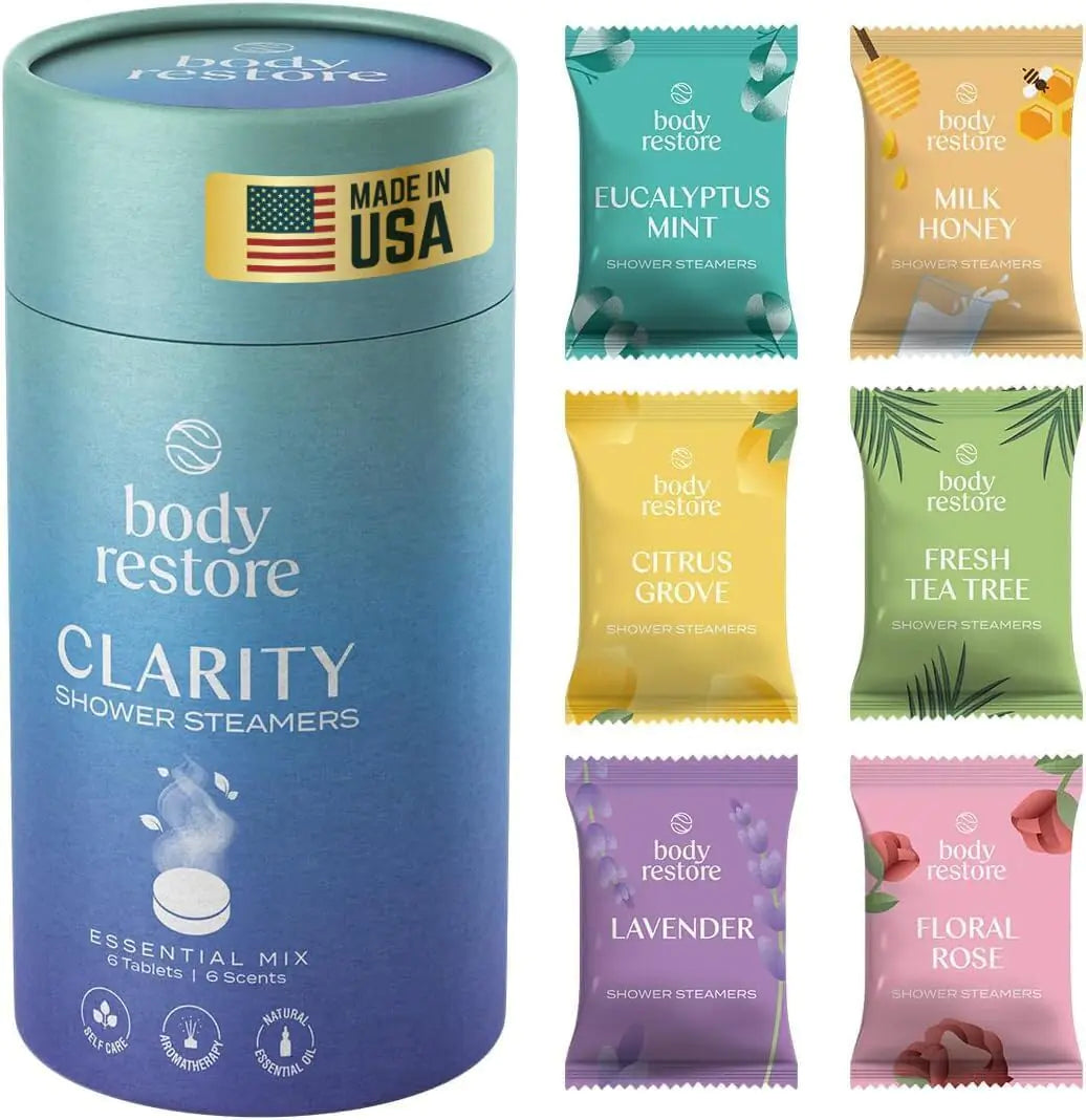 Body Restore Shower Steamers Aromatherapy 6 Pack, Relaxation Birthday Gifts for Women and Men, Stress Relief and Luxury Self Care - Variety 6 Count (Pack of 1) Clarity Rieworkes