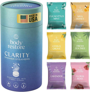 Body Restore Shower Steamers Aromatherapy 6 Pack, Relaxation Birthday Gifts for Women and Men, Stress Relief and Luxury Self Care - Variety 6 Count (Pack of 1) Clarity Rieworkes