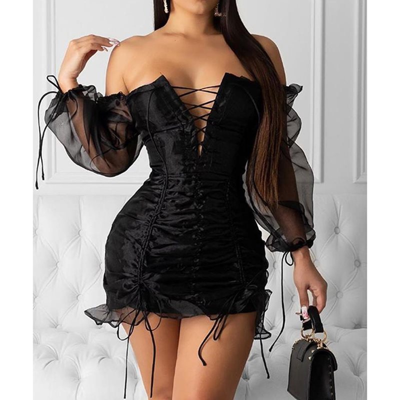 Black Mesh Lace-Up Sexy Party Dress for Women Mimarta