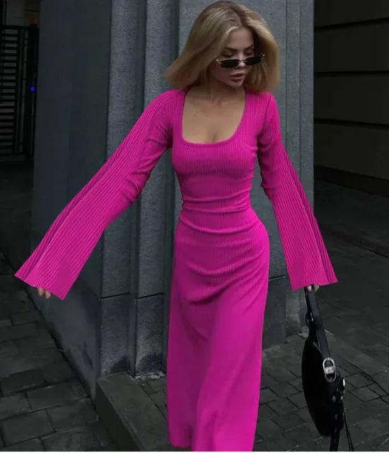 Fashion U-neck Dress Back Lace-up Long Bell Sleeve Dresses Women Rieworkes