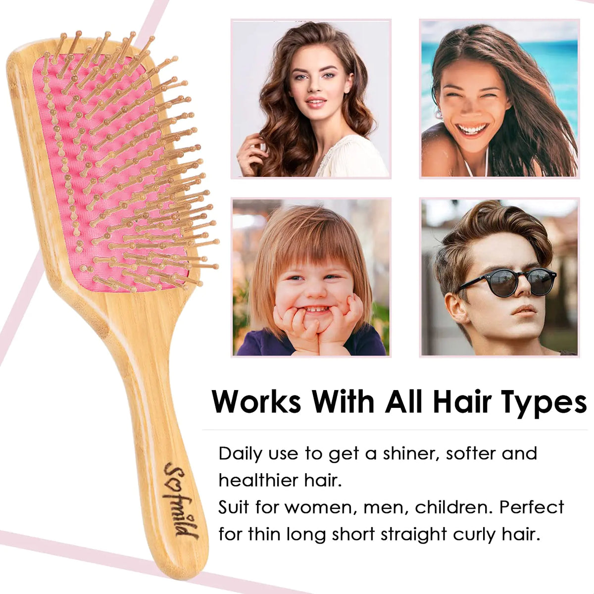 Sofmild Hair Brush-Natural Wooden Bamboo Brush-Eco Friendly Detangle Paddle Hairbrush for Women Men and Kids Massage Scalp Increase Hair Growth Rose Rieworkes
