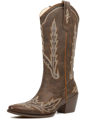 RONILURN Women Mid Calf Cowboy Boots Cowgirl Boots Western Country Embroidery Stitching Low-Heel Sexy Fashion Round Toe Chunky Heel Pull On Stretchy Brown Mimarta