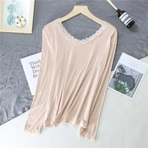 Women Lace V-neck Long-sleeved Thermal  Slim Warm Top Rieworkes