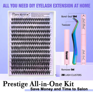 Pawotence Lash Extension Kit DIY 280pcs Individual Lash Clusters Kit 9-16mm 40D Cluster Eyelash Extension Kit with Lash Bond and Seal, Lash Remover, Lash Tweezers for Self Use (40D, 9-16mm, All Kit) 40D KIT all prestige Rieworkes