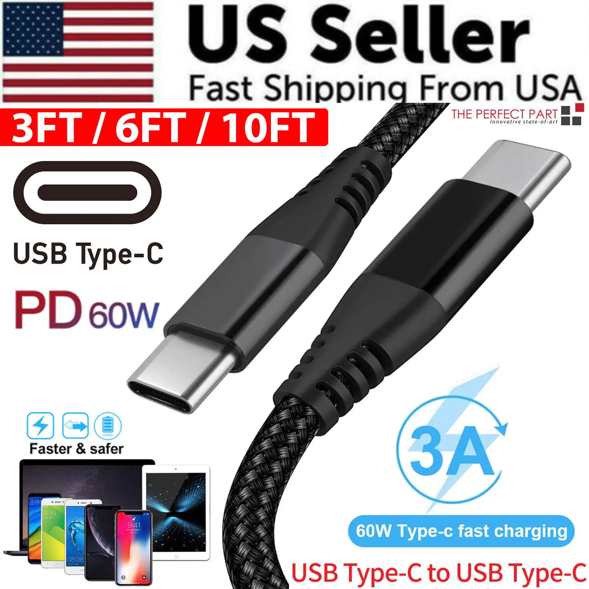 USB-C to USB-C Cable Male Type-C Cable Cord Fast Charger Charging Data Sync Mimarta