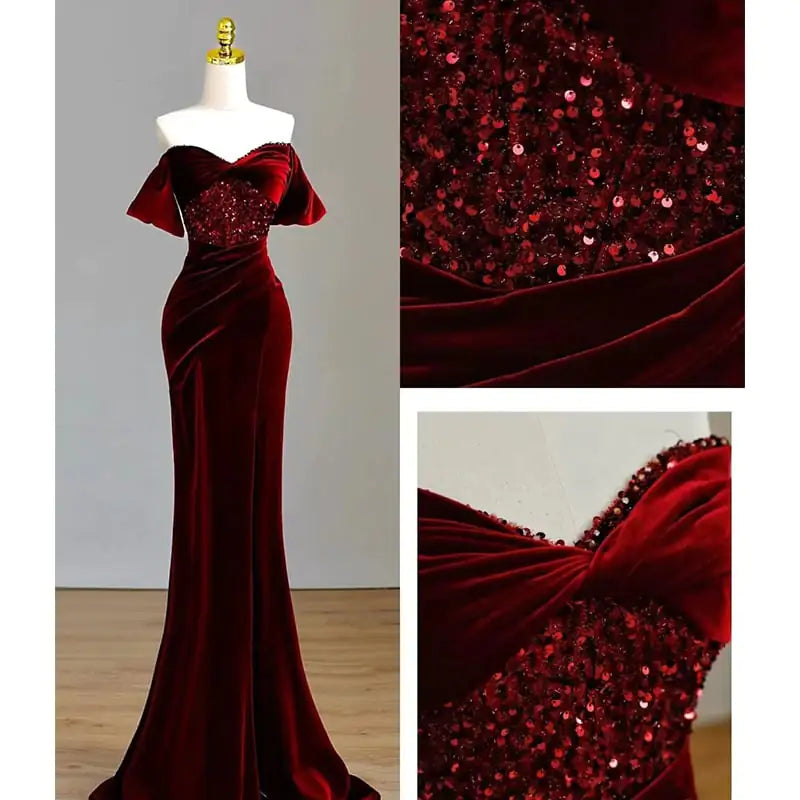 Fishtail Wine Red Off-Shoulder Velvet Sequin Dress Rieworkes