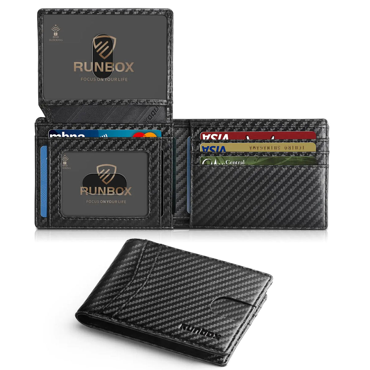 RUNBOX Wallet for Men Slim Rfid Leather 2 ID Window With Gift Box Carbon Black-15 slots Rieworkes
