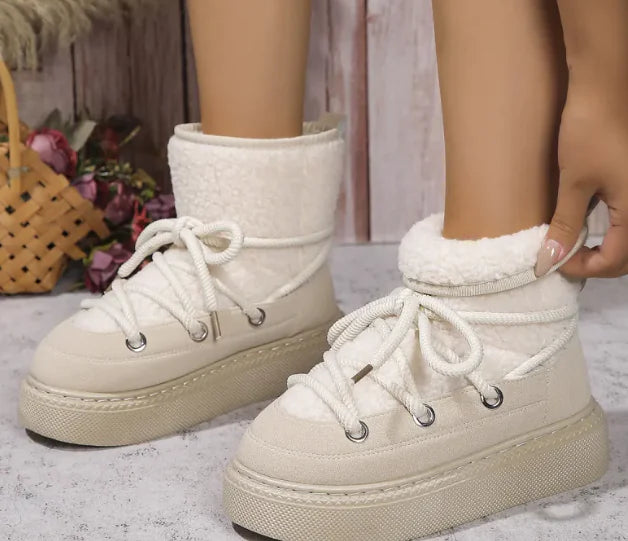 Fashion Lace-up Snow Boots Winter Flat Thick-soled Height-enhancing Cotton Shoes For Women Casual Warm Short Boot Rieworkes
