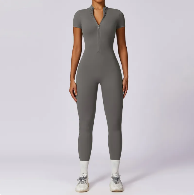 Zippered Short Sleeve Yoga Jumpsuit Mimarta