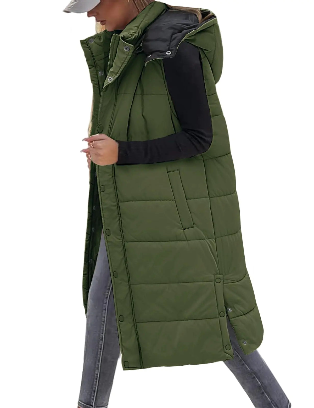 VXVGER Long Puffer Vest Women With Hood Sleeveless Down Vest Warm Jacket Winter Coat With PocketsArmy GreenS Mimarta