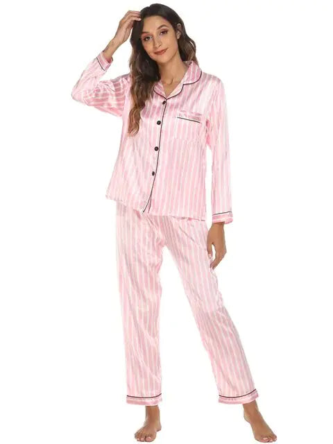 Two Piece Set Pajamas for Women Striped Satin Silk Sleepwear Rieworkes