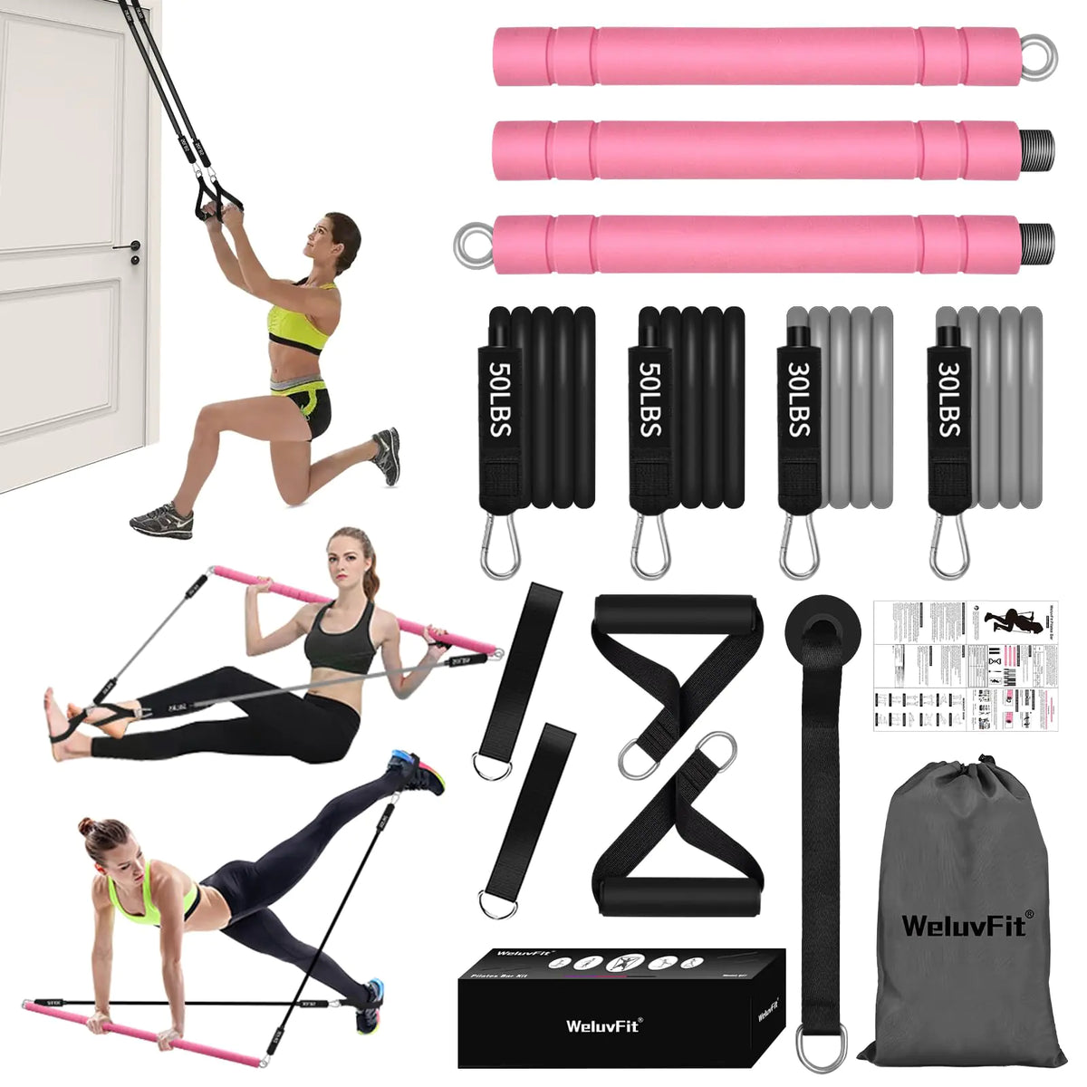 Multifunctional Portable Stackable Pilates Bar Kit with Resistance Bands Door Anchor for Resistance Bands-Home Gym Equipment with Handles - Pilates Flexbands Supports Full-Body Workouts for Yoga Pink Mimarta