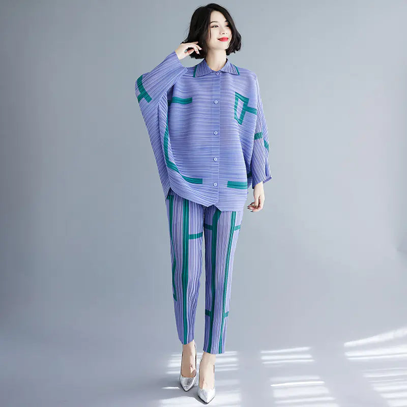 Women's Geometric Pleated Cardigan Set for Fall/Winter Mimarta