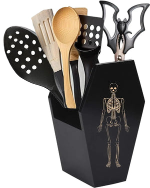 Large Capacity Skeleton Coffin Utensil Holder Goth Accessories Halloween Kitchen Horror - Spooky Gothic Kitchen Decor for Bats Spoons Skull Spatulas Quirky Kitchenware Roomy Sturdy Deep Wide Open Mimarta