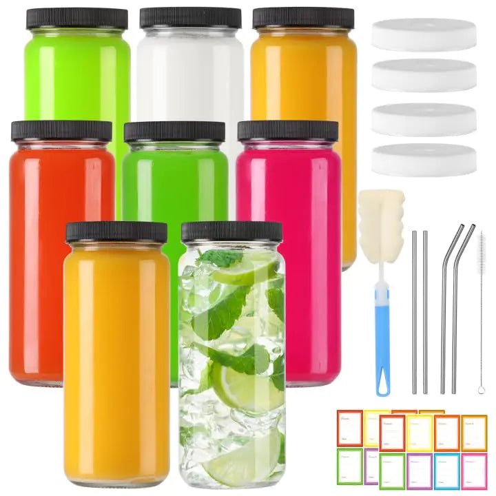 TOEKSIX 8 Pack 16oz Glass Juice Bottles with Lids Reusable Glass Juicing Bottles Beverages Drinking Jars with Black Caps and White Caps with Hole Glasses for Juice Cold Brew Bottles Smoothie Jars Rieworkes